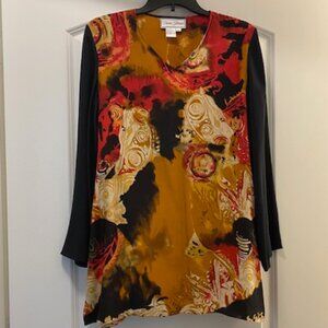 Diane Gilman 100% SILK TUNIC ~Red Black Ivory ASIAN Inspired WATERCOLOR ABSTRACT
